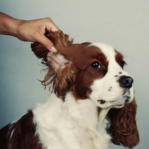 A spaniel's ear being cleaned and brushed